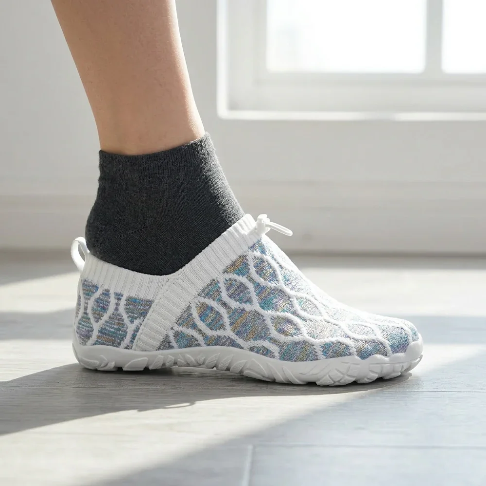 The foot slides right in — standing up, no laces