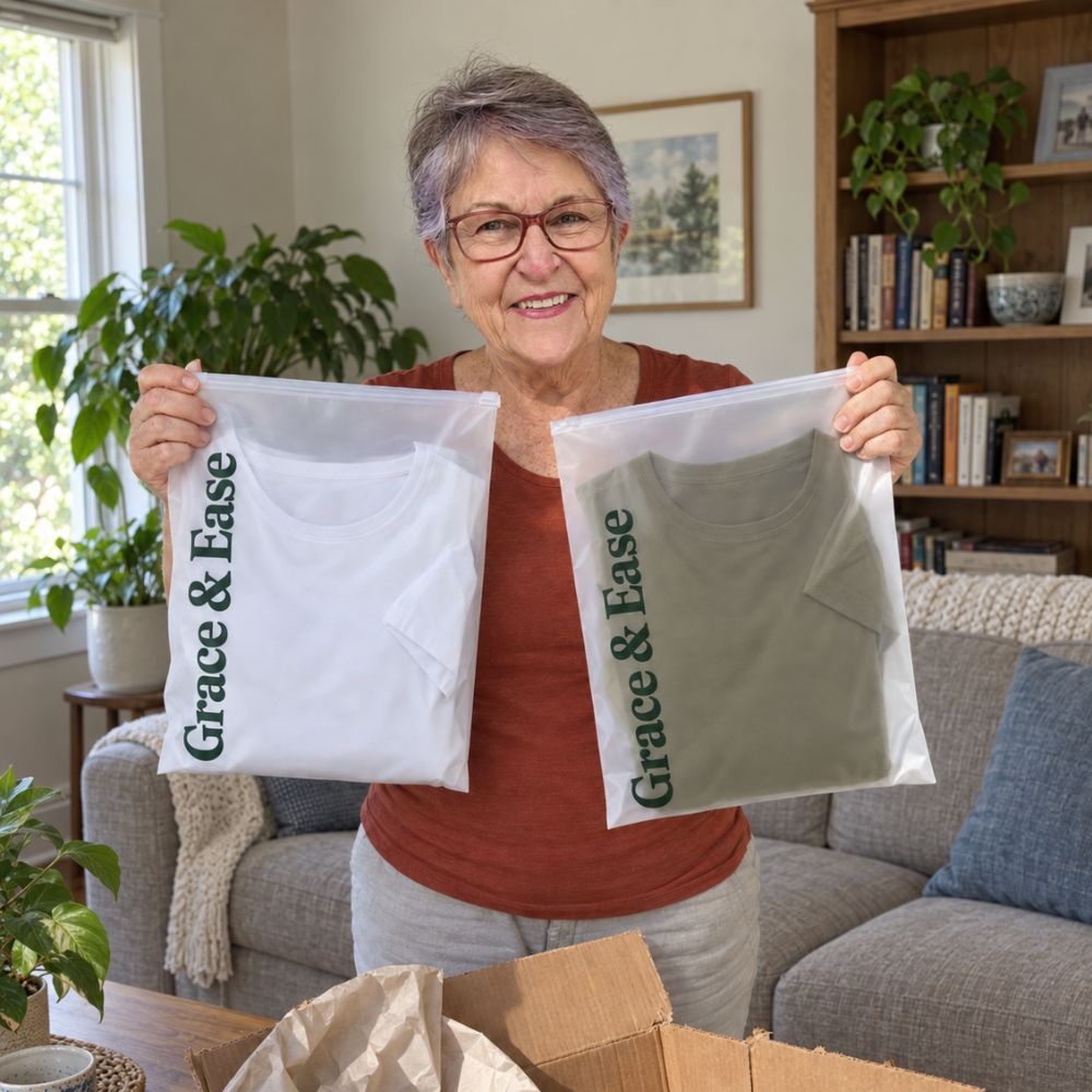 A customer with her Grace & Ease t-shirts
