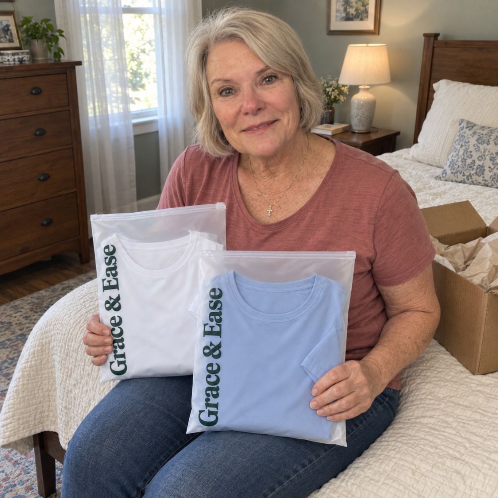 A customer with her Grace & Ease t-shirts