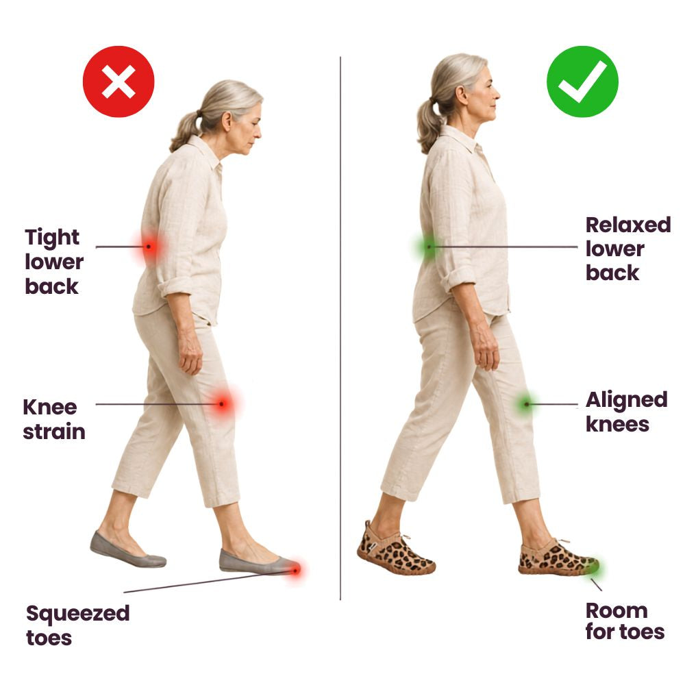 Posture comparison — squeezed toes, knee strain and tight lower back versus aligned knees and a relaxed back in Grace & Ease shoes