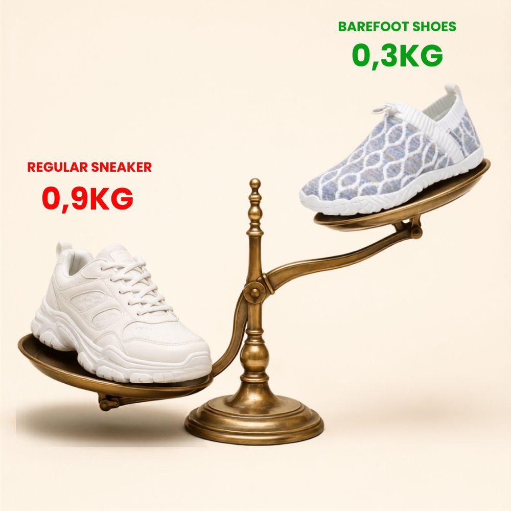 On the scale — a regular sneaker at 0.9 kg versus the featherlight knit shoe at 0.3 kg