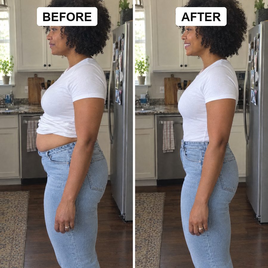 Before and after: muffin top over jeans, then a smooth front